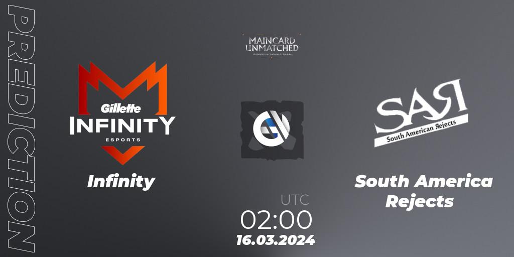 Pronóstico Infinity - South America Rejects. 14.03.2024 at 22:00, Dota 2, Maincard Unmatched - March