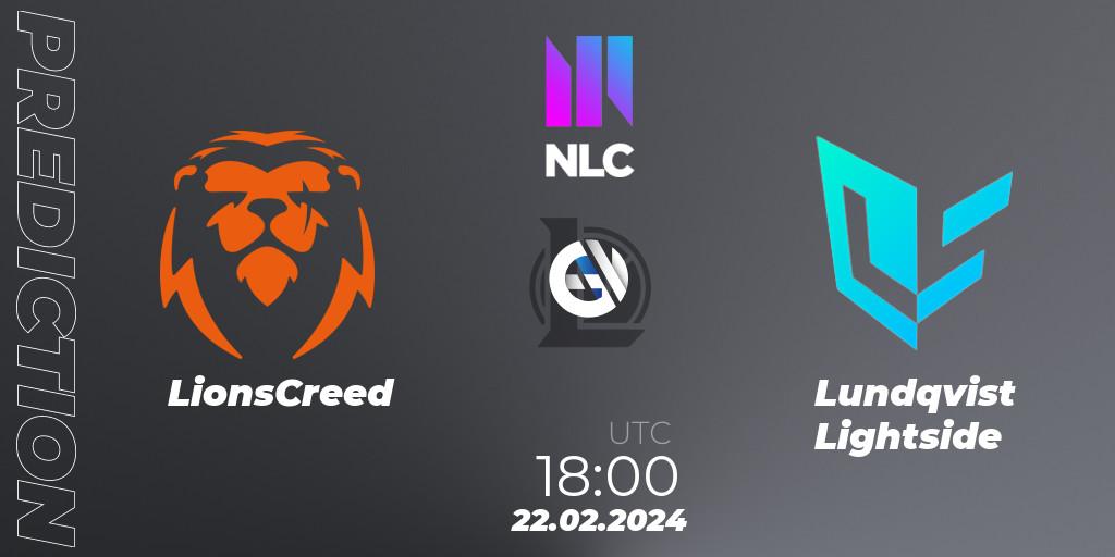 Pronóstico LionsCreed - Lundqvist Lightside. 22.02.2024 at 18:00, LoL, NLC 1st Division Spring 2024