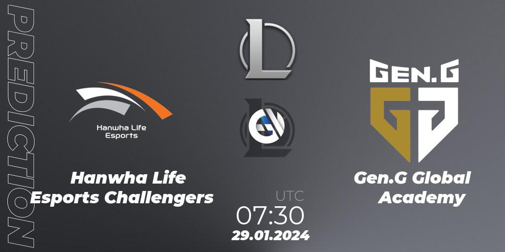 Pronóstico Hanwha Life Esports Challengers - Gen.G Global Academy. 29.01.2024 at 07:30, LoL, LCK Challengers League 2024 Spring - Group Stage