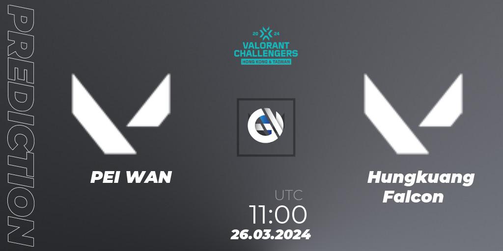 Pronóstico PEI WAN - Hungkuang Falcon. 26.03.2024 at 13:00, VALORANT, VALORANT Challengers Hong Kong and Taiwan 2024: Split 1