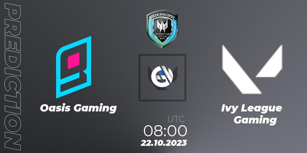 Pronóstico Oasis Gaming - Ivy League Gaming. 22.10.2023 at 08:00, VALORANT, Predator League Philippines 2024