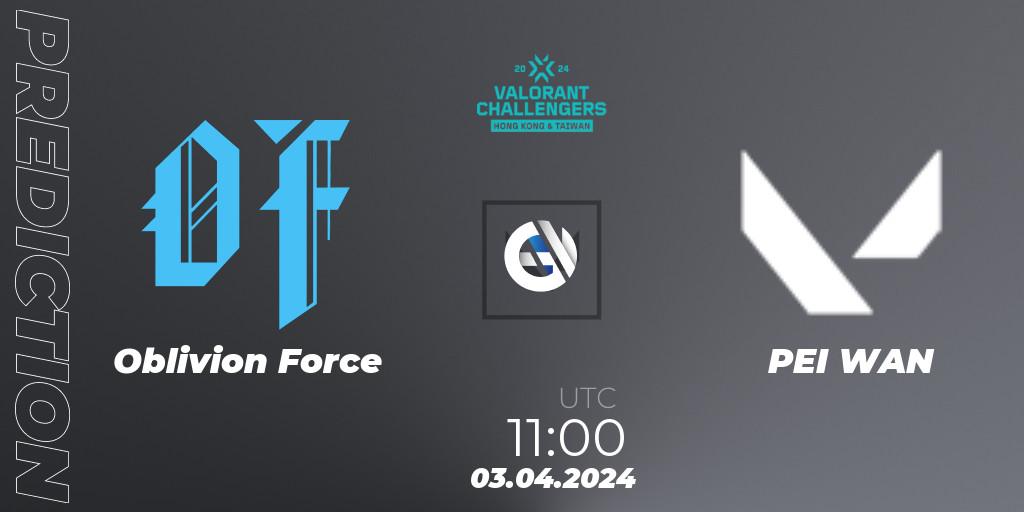 Pronóstico Oblivion Force - PEI WAN. 03.04.2024 at 11:00, VALORANT, VALORANT Challengers Hong Kong and Taiwan 2024: Split 1