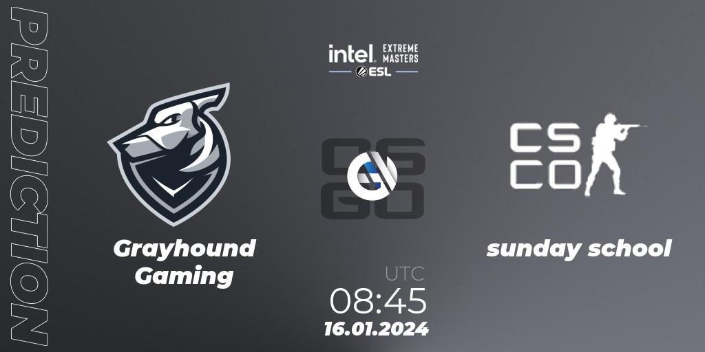 Pronóstico Grayhound Gaming - sunday school. 16.01.2024 at 08:45, Counter-Strike (CS2), Intel Extreme Masters China 2024: Oceanic Open Qualifier #1
