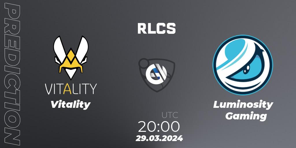 Pronóstico Vitality - Luminosity Gaming. 29.03.2024 at 21:00, Rocket League, Rocket League Championship Series 2024 - Major 1
