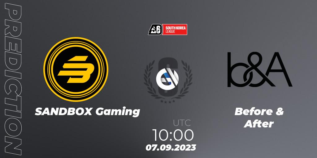 Pronóstico SANDBOX Gaming - Before & After. 07.09.2023 at 10:00, Rainbow Six, South Korea League 2023 - Stage 2