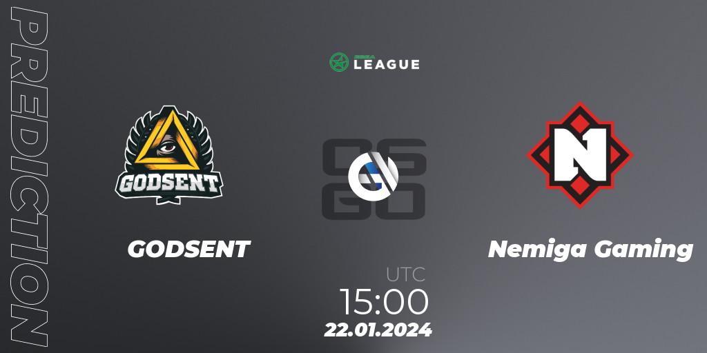 Pronóstico GODSENT - Nemiga Gaming. 24.01.2024 at 15:00, Counter-Strike (CS2), ESEA Season 48: Advanced Division - Europe