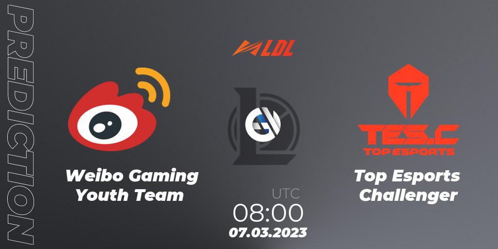 Pronóstico Weibo Gaming Youth Team - Top Esports Challenger. 07.03.2023 at 09:25, LoL, LDL 2023 - Regular Season