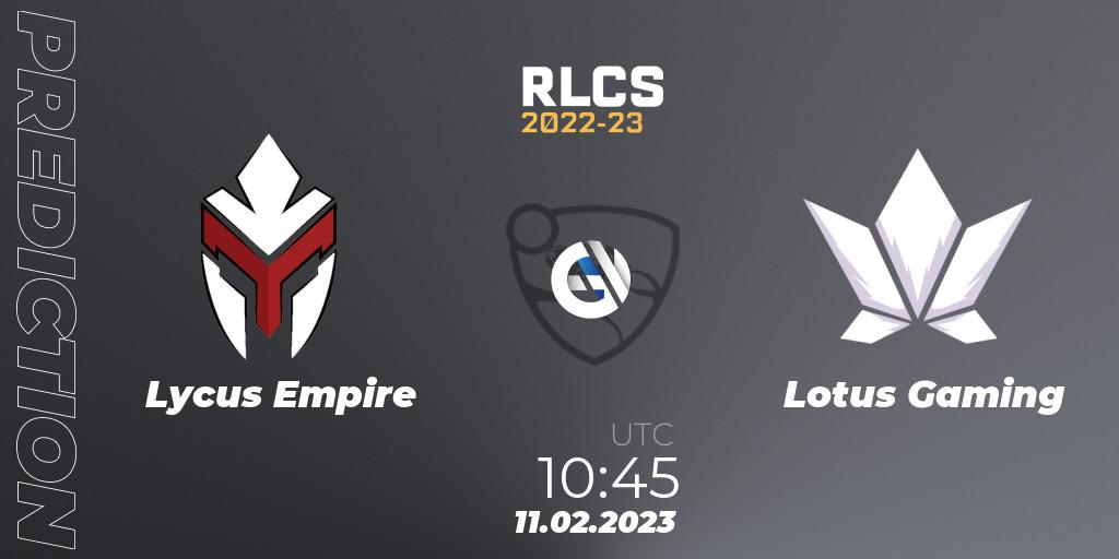 Pronóstico Lycus Empire - Lotus Gaming. 11.02.2023 at 10:45, Rocket League, RLCS 2022-23 - Winter: Asia-Pacific Regional 2 - Winter Cup