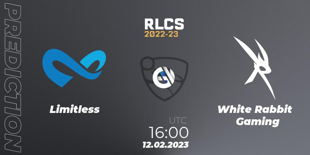 Pronóstico Limitless - White Rabbit Gaming. 12.02.2023 at 16:15, Rocket League, RLCS 2022-23 - Winter: Sub-Saharan Africa Regional 2 - Winter Cup