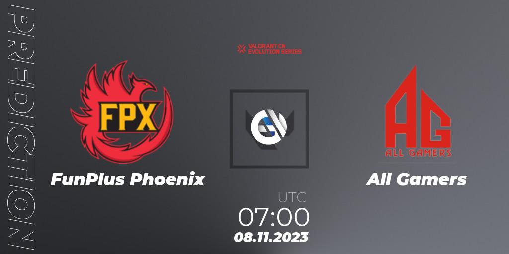 Pronóstico FunPlus Phoenix - All Gamers. 08.11.2023 at 07:00, VALORANT, VALORANT China Evolution Series Act 3: Heritability - Play-In