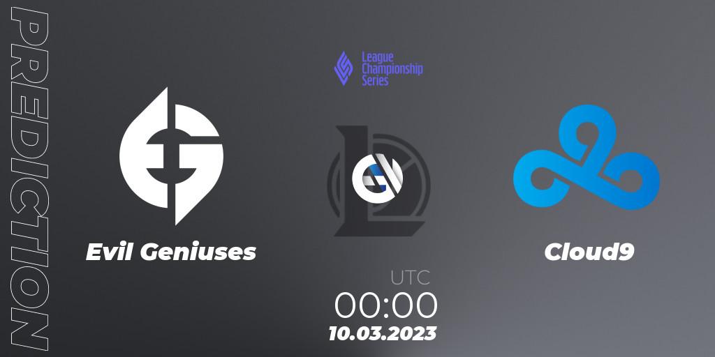 Pronóstico Evil Geniuses - Cloud9. 10.03.2023 at 00:00, LoL, LCS Spring 2023 - Group Stage