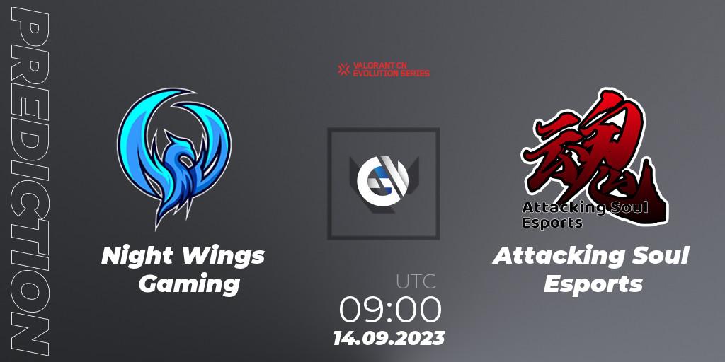 Pronóstico Night Wings Gaming - Attacking Soul Esports. 14.09.2023 at 09:00, VALORANT, VALORANT China Evolution Series Act 1: Variation - Play-In