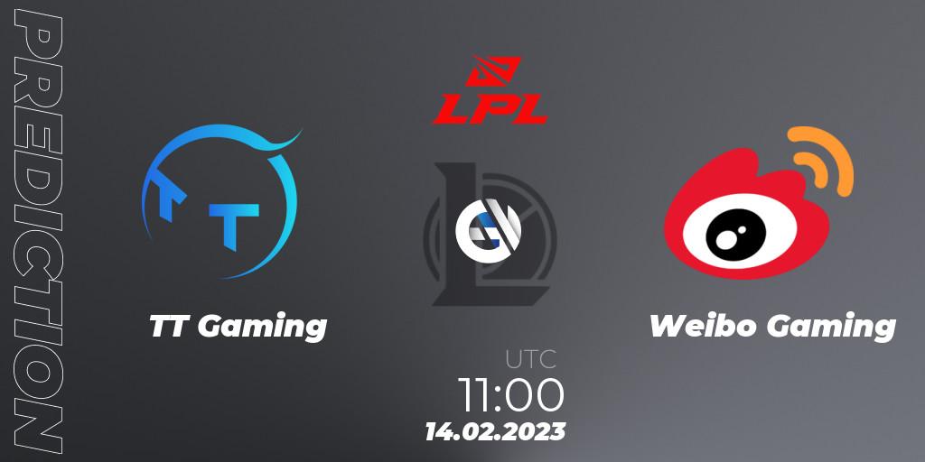 Pronóstico TT Gaming - Weibo Gaming. 14.02.2023 at 11:45, LoL, LPL Spring 2023 - Group Stage
