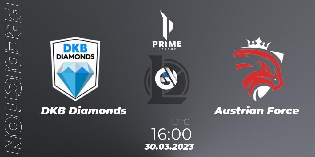 Pronóstico DKB Diamonds - Austrian Force. 30.03.23, LoL, Prime League 2nd Division Spring 2023 - Playoffs
