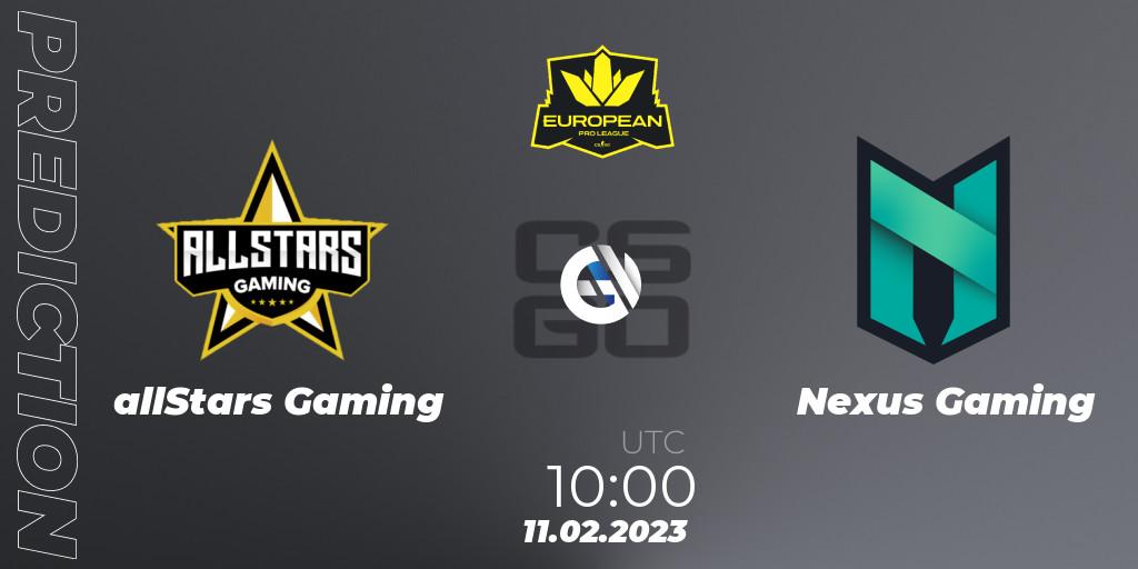 Pronóstico allStars Gaming - Nexus Gaming. 11.02.23, CS2 (CS:GO), European Pro League Season 6: Division 2