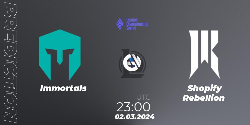 Pronóstico Immortals - Shopify Rebellion. 03.03.24, LoL, LCS Spring 2024 - Group Stage