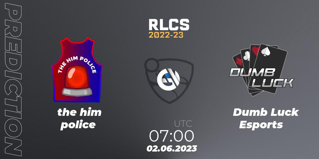 Pronóstico the him police - Dumb Luck Esports. 02.06.2023 at 07:00, Rocket League, RLCS 2022-23 - Spring: Oceania Regional 3 - Spring Invitational