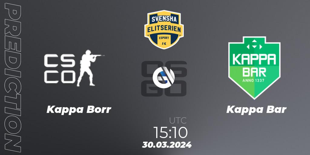 Pronóstico Kappa Borr - Kappa Bar. 27.03.2024 at 18:10, Counter-Strike (CS2), Svenska Elitserien Spring 2024