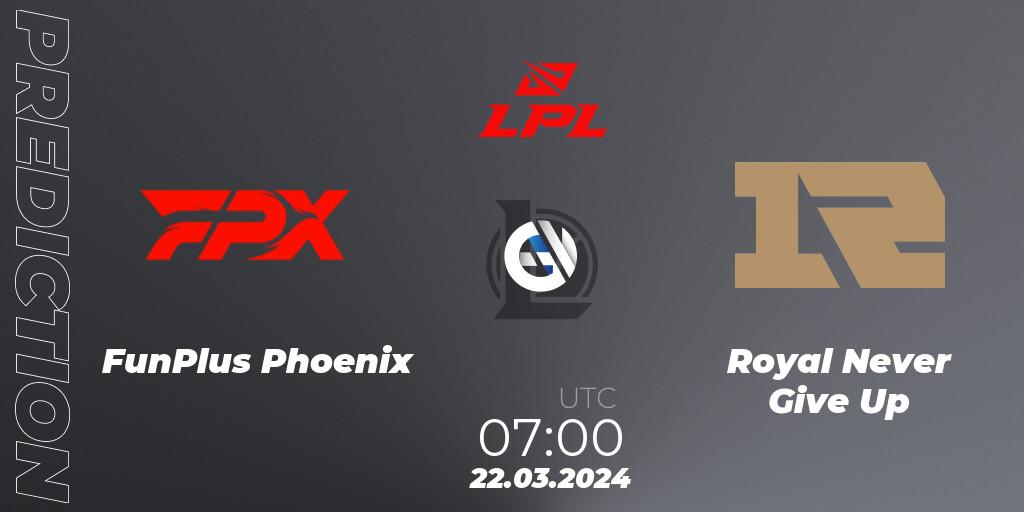Pronóstico FunPlus Phoenix - Royal Never Give Up. 22.03.2024 at 07:00, LoL, LPL Spring 2024 - Group Stage