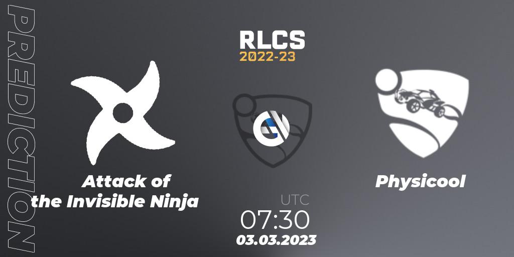 Pronóstico Attack of the Invisible Ninja - Physicool. 03.03.2023 at 07:30, Rocket League, RLCS 2022-23 - Winter: Oceania Regional 3 - Winter Invitational