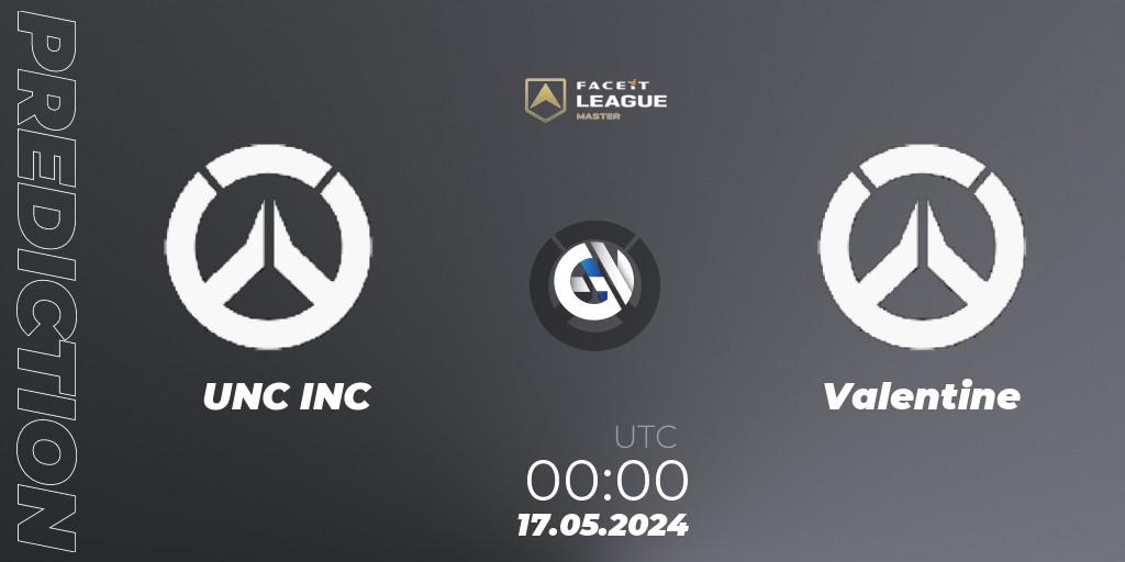 Pronóstico UNC INC - Valentine. 17.05.2024 at 00:00, Overwatch, FACEIT League Season 1 - NA Master Road to EWC