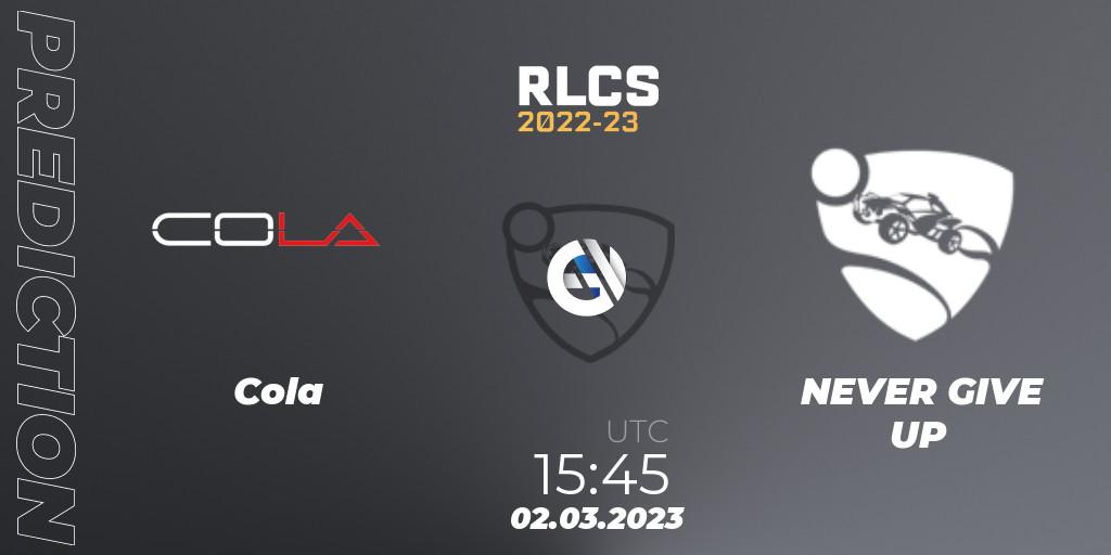 Pronóstico Cola - NEVER GIVE UP. 02.03.2023 at 15:45, Rocket League, RLCS 2022-23 - Winter: Middle East and North Africa Regional 3 - Winter Invitational