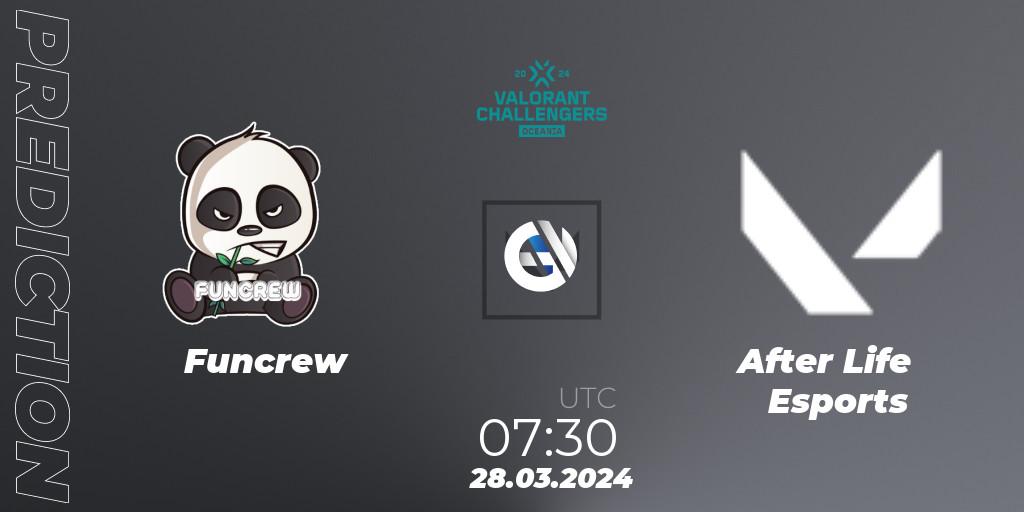 Pronóstico Funcrew - After Life Esports. 28.03.2024 at 07:30, VALORANT, VALORANT Challengers 2024 Oceania: Split 1
