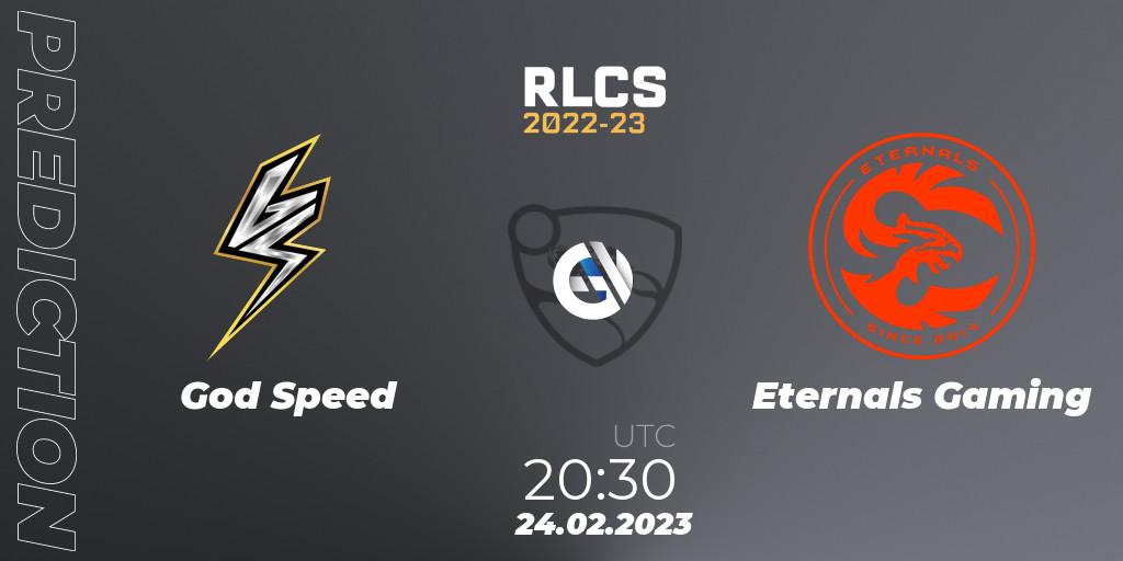 Pronóstico God Speed - Eternals Gaming. 24.02.2023 at 20:30, Rocket League, RLCS 2022-23 - Winter: South America Regional 3 - Winter Invitational
