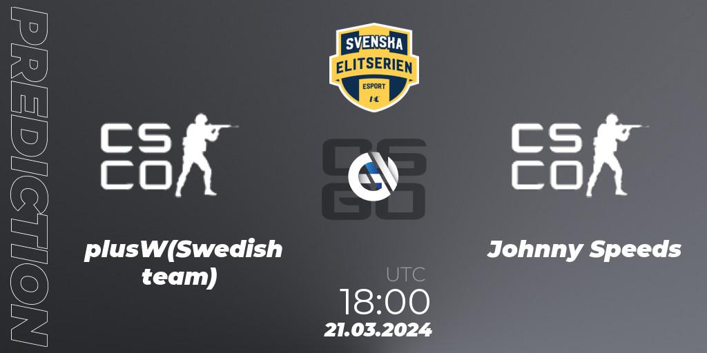 Pronóstico plusW(Swedish team) - Johnny Speeds. 21.03.2024 at 20:10, Counter-Strike (CS2), Svenska Elitserien Spring 2024