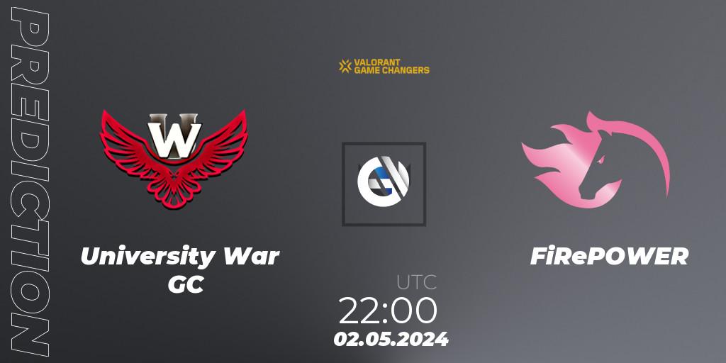Pronóstico University War GC - FiRePOWER. 02.05.2024 at 22:00, VALORANT, VCT 2024: Game Changers LAS - Opening