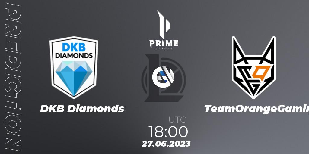 Pronóstico DKB Diamonds - TeamOrangeGaming. 27.06.2023 at 18:00, LoL, Prime League 2nd Division Summer 2023