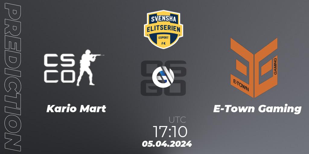 Pronóstico Kario Mart - E-Town Gaming. 05.04.2024 at 17:10, Counter-Strike (CS2), Svenska Elitserien Spring 2024
