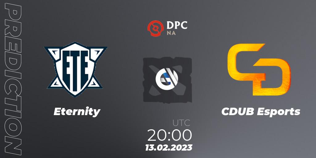 Pronóstico Eternity - CDUB Esports. 13.02.2023 at 19:54, Dota 2, DPC 2022/2023 Winter Tour 1: NA Division II (Lower)