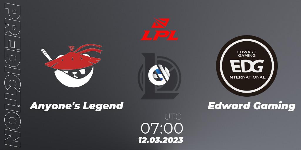 Pronóstico Anyone's Legend - Edward Gaming. 12.03.2023 at 07:00, LoL, LPL Spring 2023 - Group Stage