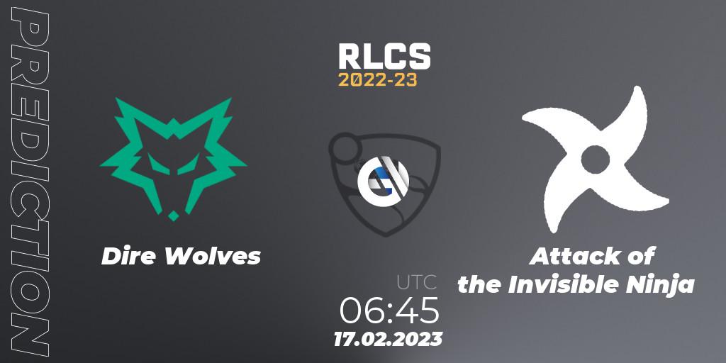 Pronóstico Dire Wolves - Attack of the Invisible Ninja. 17.02.2023 at 06:45, Rocket League, RLCS 2022-23 - Winter: Oceania Regional 2 - Winter Cup