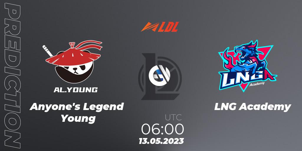 Pronóstico Anyone's Legend Young - LNG Academy. 13.05.2023 at 06:00, LoL, LDL 2023 - Regular Season - Stage 2