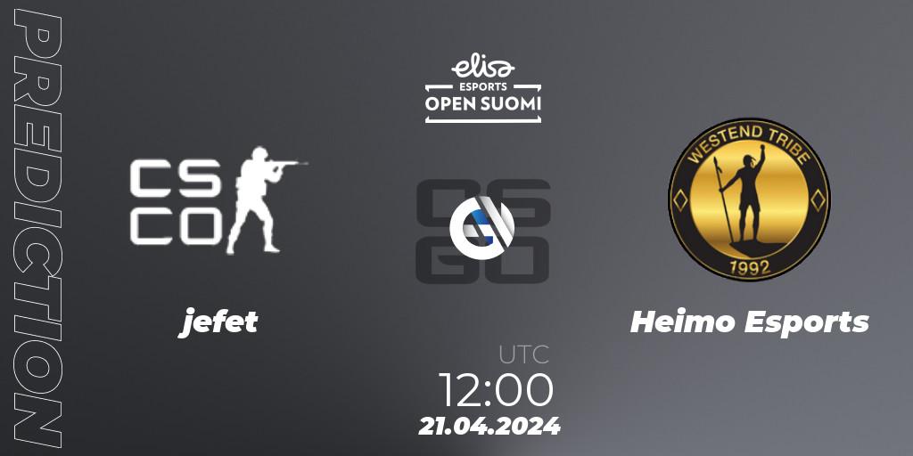 Pronóstico jefet - Heimo Esports. 21.04.2024 at 12:00, Counter-Strike (CS2), Elisa Open Suomi Season 6