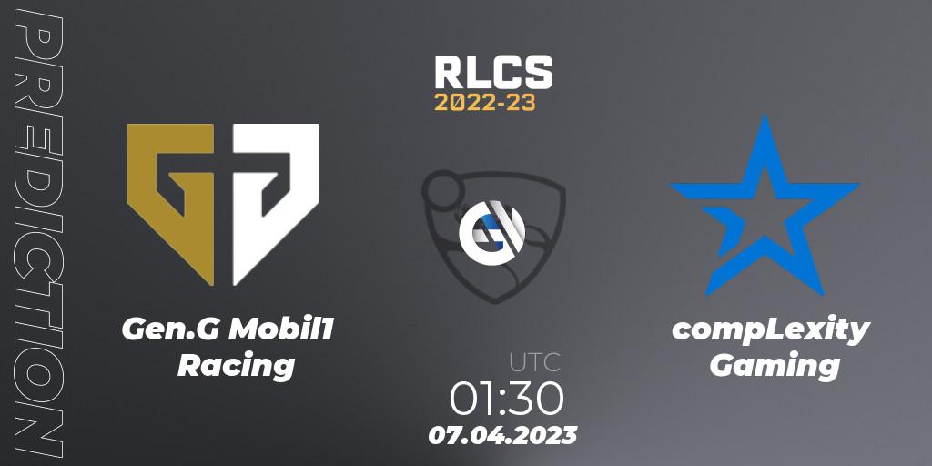 Pronóstico Gen.G Mobil1 Racing - compLexity Gaming. 07.04.2023 at 00:05, Rocket League, RLCS 2022-23 - Winter Split Major