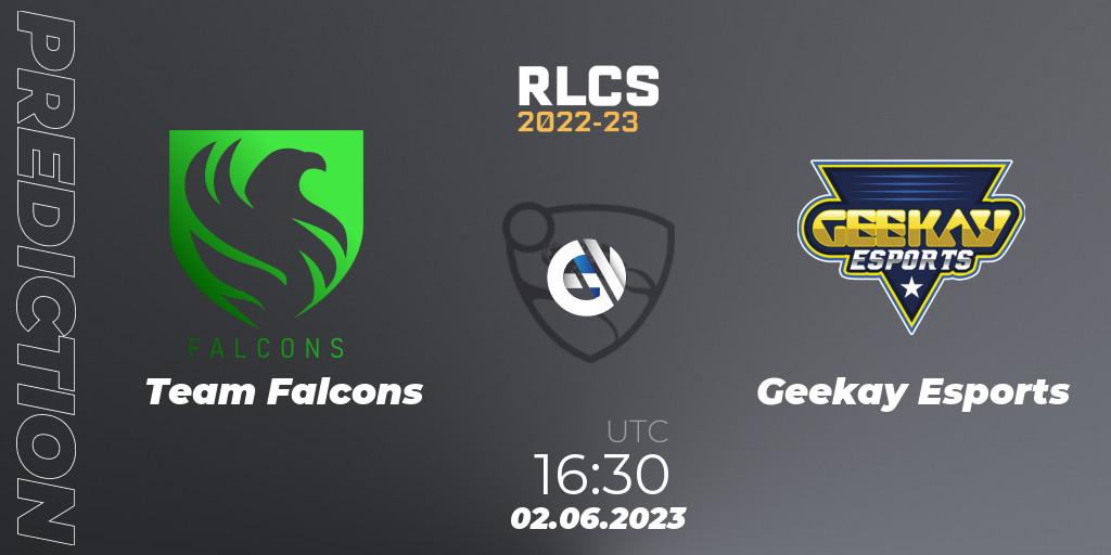 Pronóstico Team Falcons - Geekay Esports. 02.06.2023 at 16:20, Rocket League, RLCS 2022-23 - Spring: Middle East and North Africa Regional 3 - Spring Invitational