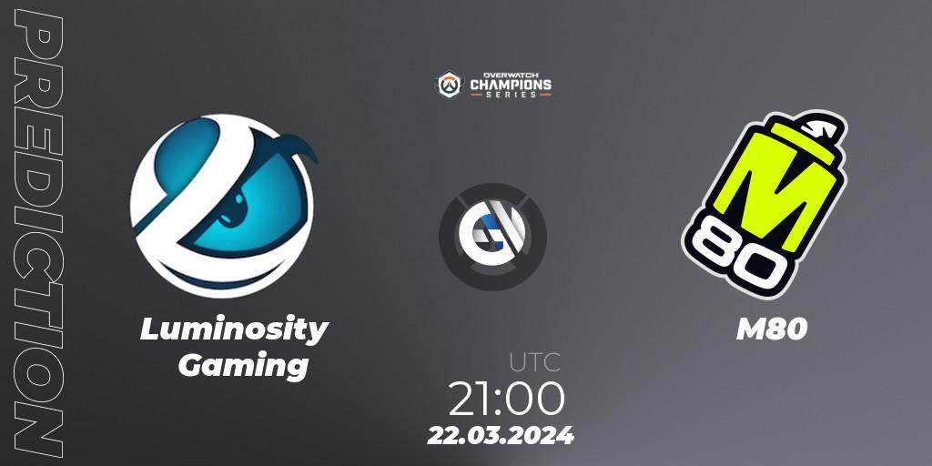 Pronóstico Luminosity Gaming - M80. 22.03.2024 at 21:00, Overwatch, Overwatch Champions Series 2024 - North America Stage 1 Main Event