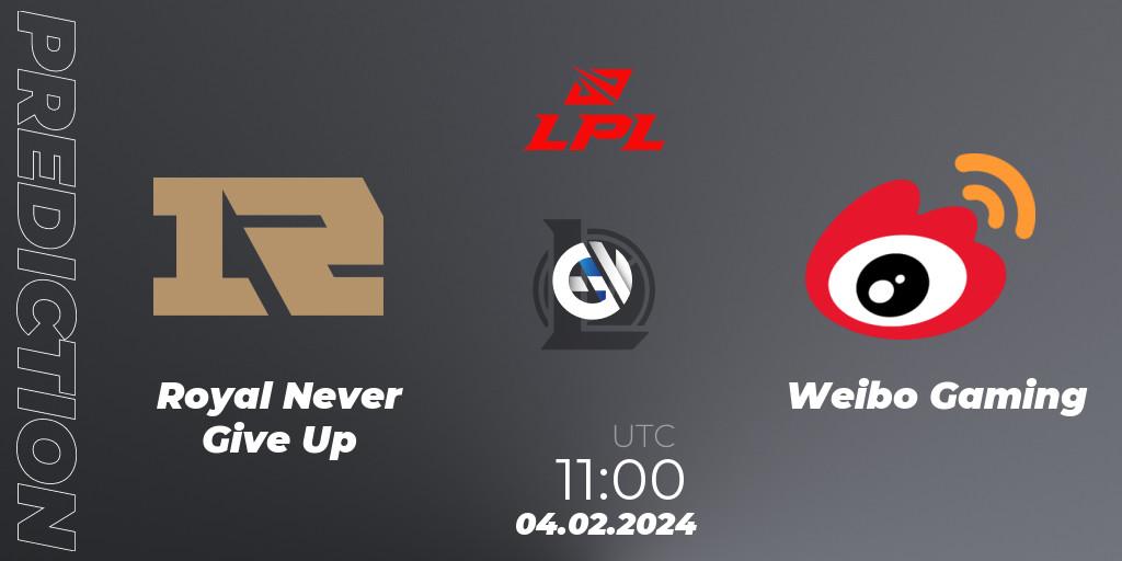 Pronóstico Royal Never Give Up - Weibo Gaming. 04.02.2024 at 11:00, LoL, LPL Spring 2024 - Group Stage