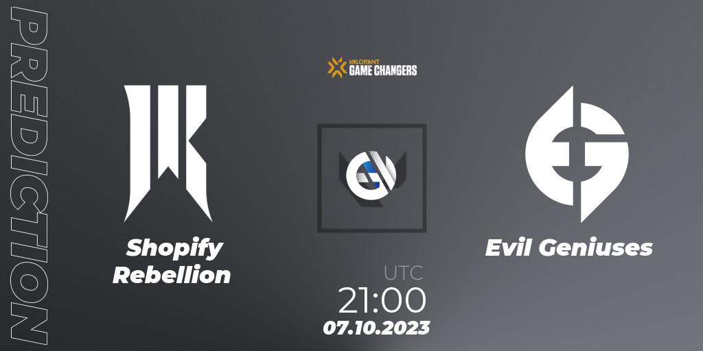 Pronóstico Shopify Rebellion - Evil Geniuses. 07.10.23, VALORANT, VCT 2023: Game Changers North America Series S3