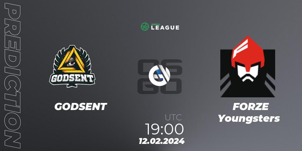 Pronóstico GODSENT - FORZE Youngsters. 12.02.2024 at 19:00, Counter-Strike (CS2), ESEA Season 48: Advanced Division - Europe