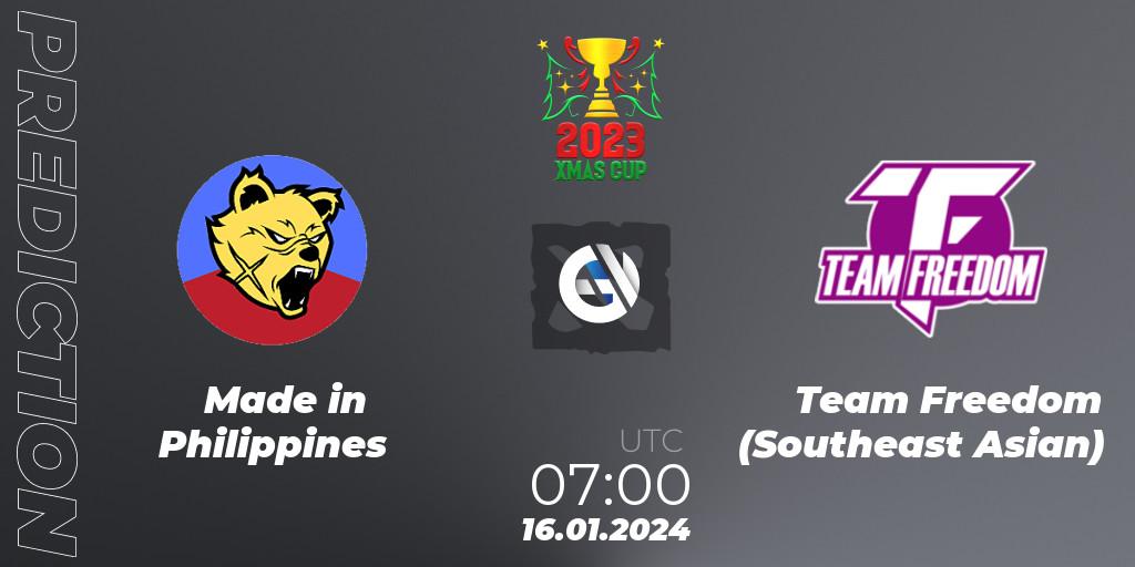 Pronóstico Made in Philippines - Team Freedom (Southeast Asian). 16.01.2024 at 07:15, Dota 2, Xmas Cup 2023