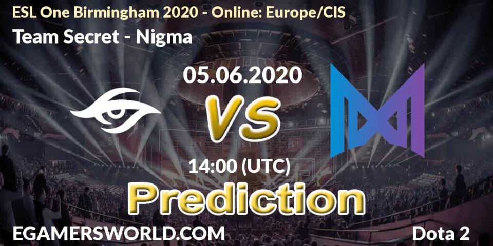 Pronóstico Team Secret - Nigma. 05.06.20, Dota 2, ESL One Birmingham 2020 - Online: Europe/CIS