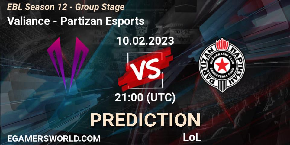 Pronóstico Valiance - Partizan Esports. 10.02.23, LoL, EBL Season 12 - Group Stage