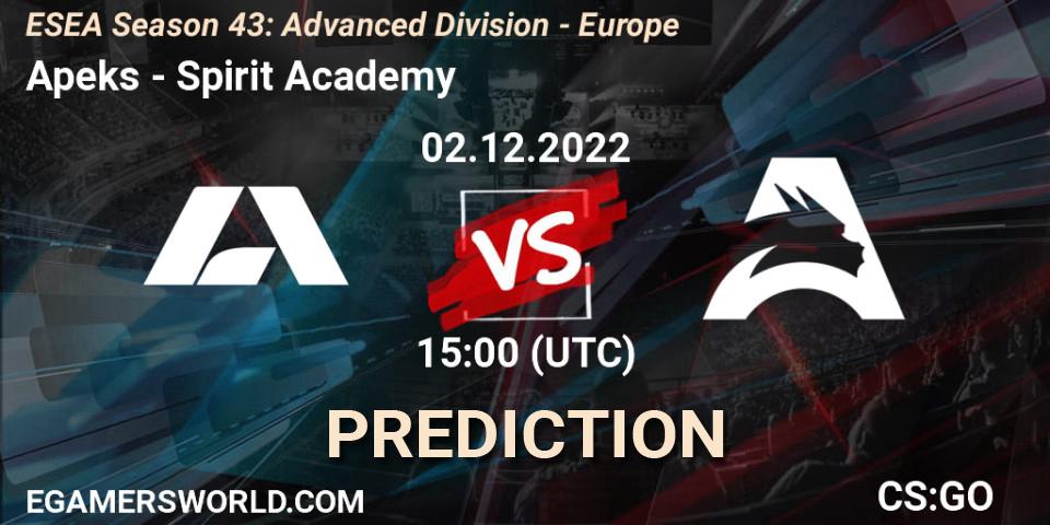 Pronóstico Apeks - Spirit Academy. 02.12.22, CS2 (CS:GO), ESEA Season 43: Advanced Division - Europe