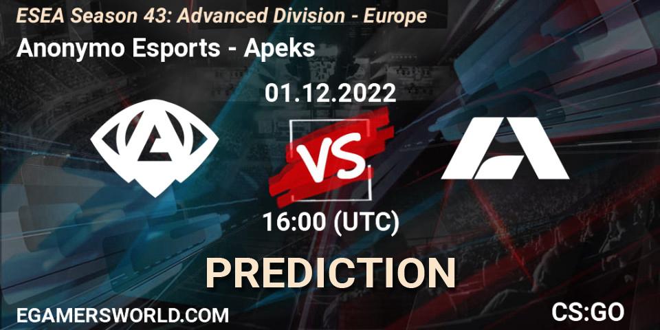 Pronóstico Anonymo Esports - Apeks. 01.12.22, CS2 (CS:GO), ESEA Season 43: Advanced Division - Europe