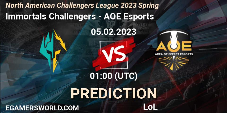 Pronóstico Immortals Challengers - AOE Esports. 05.02.23, LoL, NACL 2023 Spring - Group Stage