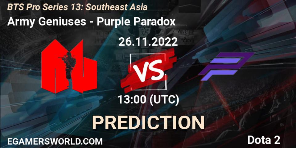 Pronóstico Army Geniuses - Purple Paradox. 29.11.22, Dota 2, BTS Pro Series 13: Southeast Asia
